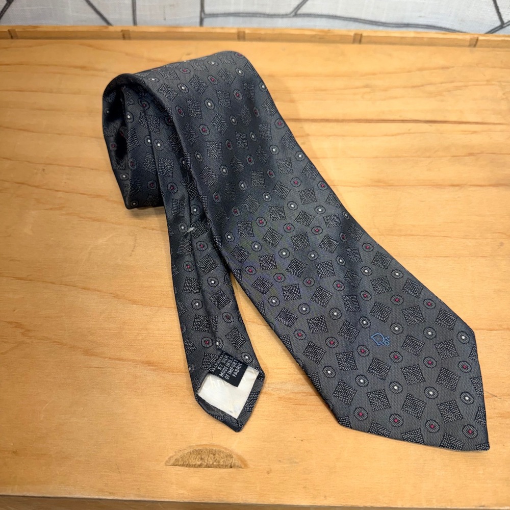 Christian Dior Monsieur Necktie 3.25" Gray Geometric Silk Blend CD Logo‎ Tie